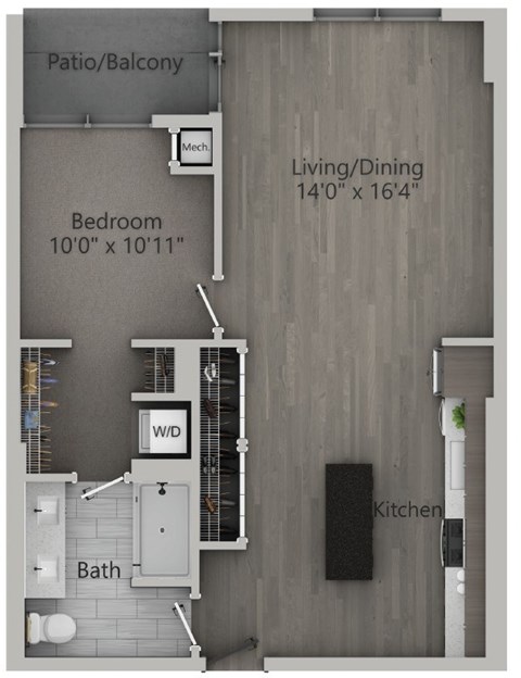 Floor plan for 1 bed, 1 bath, 790 sqft